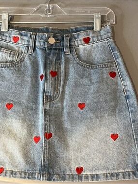 Cider Denim Mini Skirt with Red Heart pattern